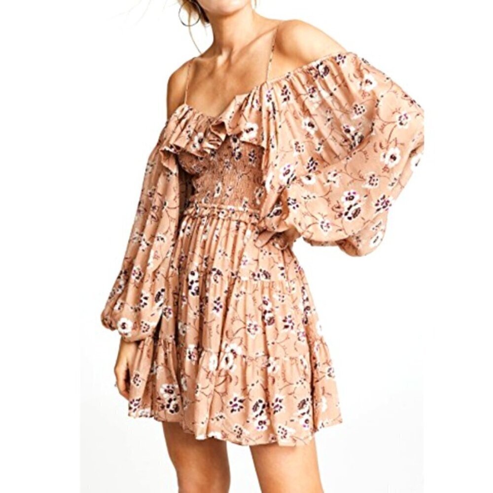 ULLA JOHNSON 'Monet' Floral-Print Tiered Silk Mini-Dress, Cafe
